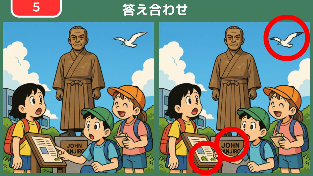 間違い探し【第5問】銅像の前で説明を聞く子どもたち 答え合わせ
