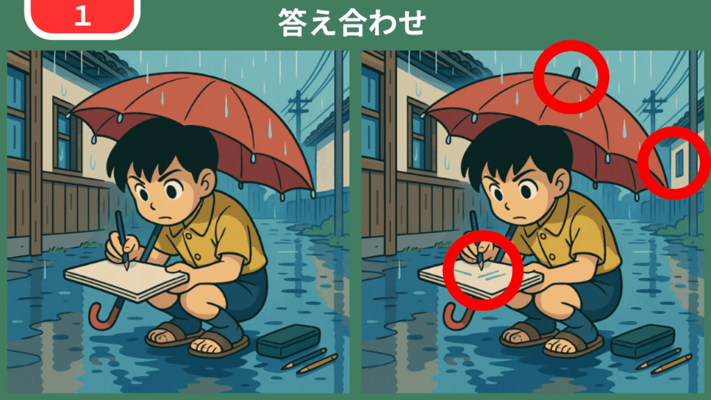 間違い探し第1問:雨の路地でスケッチをする少年 答え合わせ