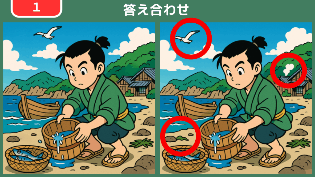 間違い探し【第1問】土佐の入り江と桶を洗う少年 答え合わせ