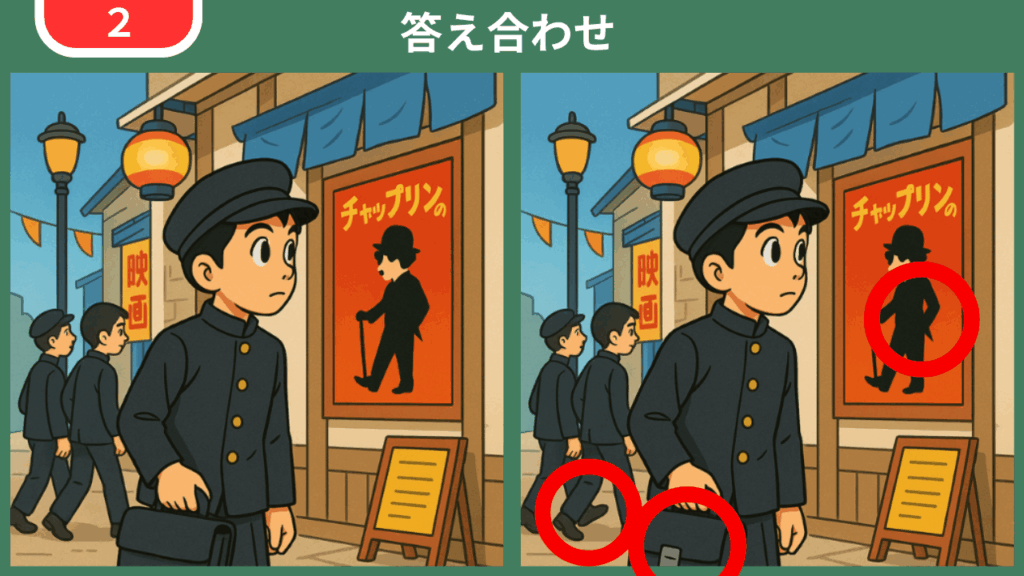 間違い探し第2問:映画館のポスターに夢中な学生 答え合わせ