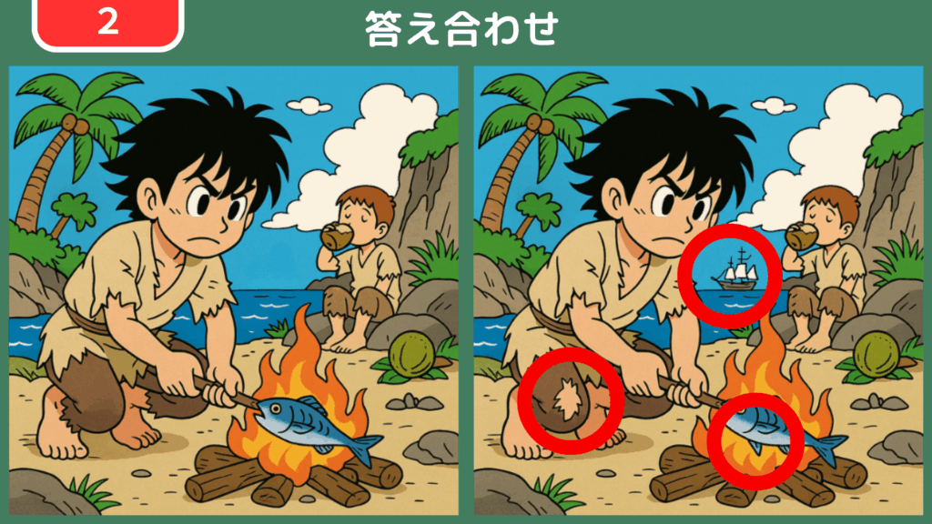 間違い探し【第2問】焚き火で魚を焼く漂流少年たち 答え合わせ