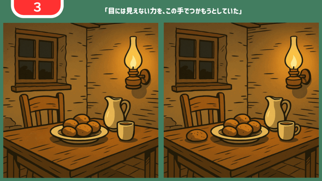 間違い探し【第3問】質素な食卓に並ぶジャガイモとパン
