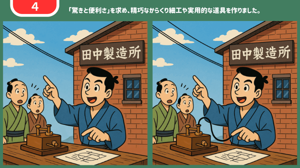工場前で電信機を指さす発明家