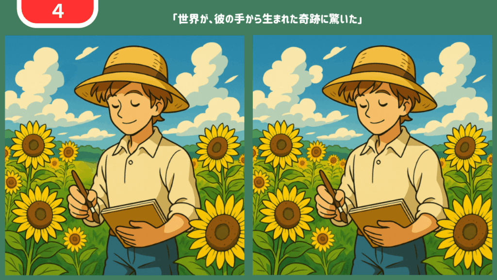 間違い探し【第4問】一面に広がるひまわり畑に立つ画家
