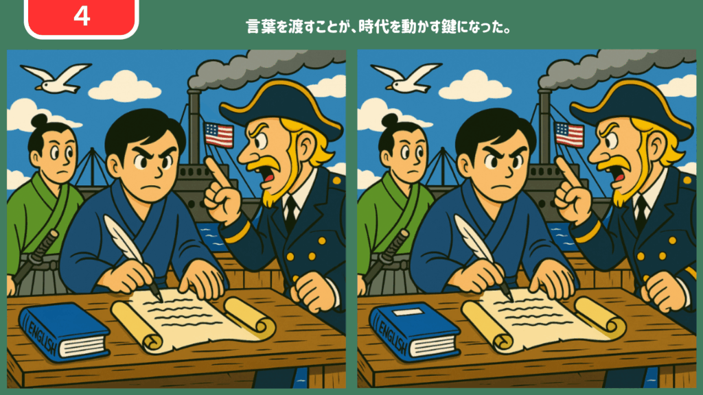 間違い探し【第4問】巻物とペンを手に通訳する青年