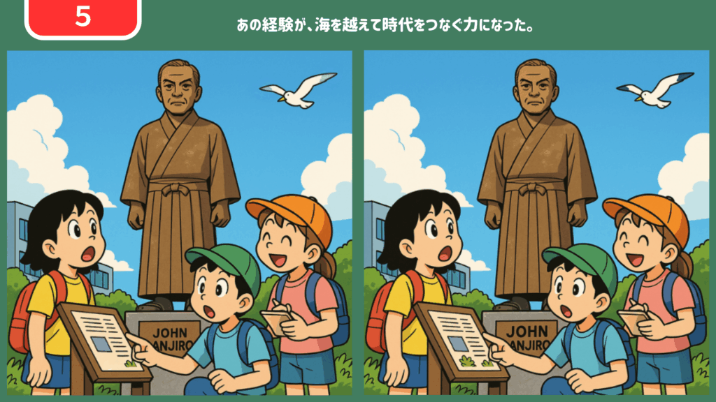 間違い探し【第5問】銅像の前で説明を聞く子どもたち