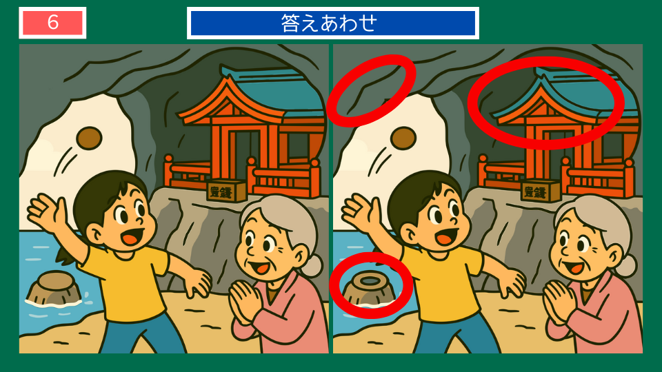 間違い探しクイズ｜鵜戸神宮で参拝する答えイラスト