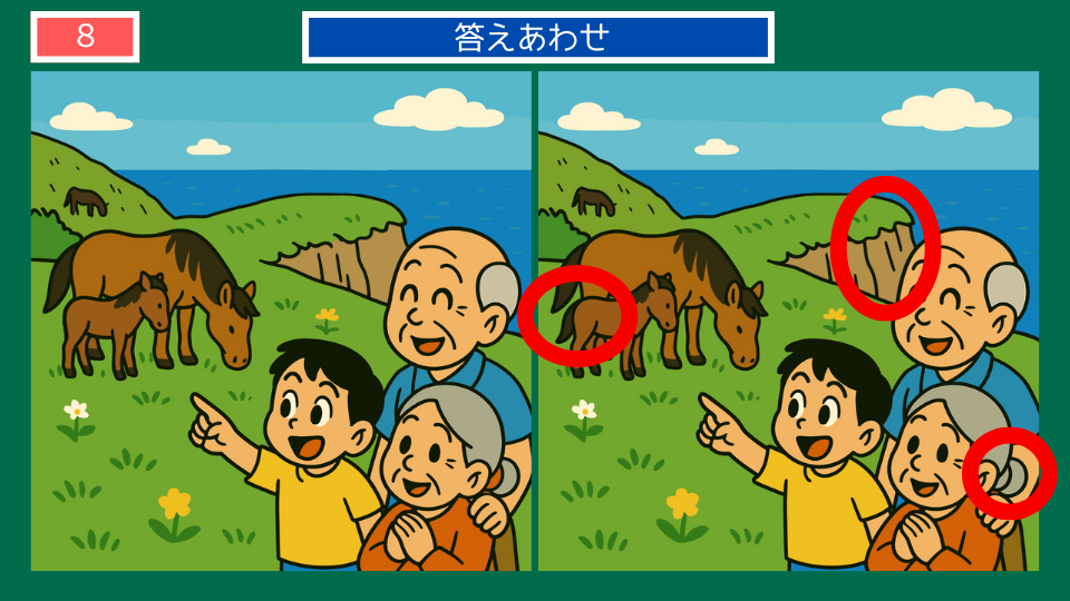 間違い探しクイズ｜都井岬の野生馬の答えイラスト