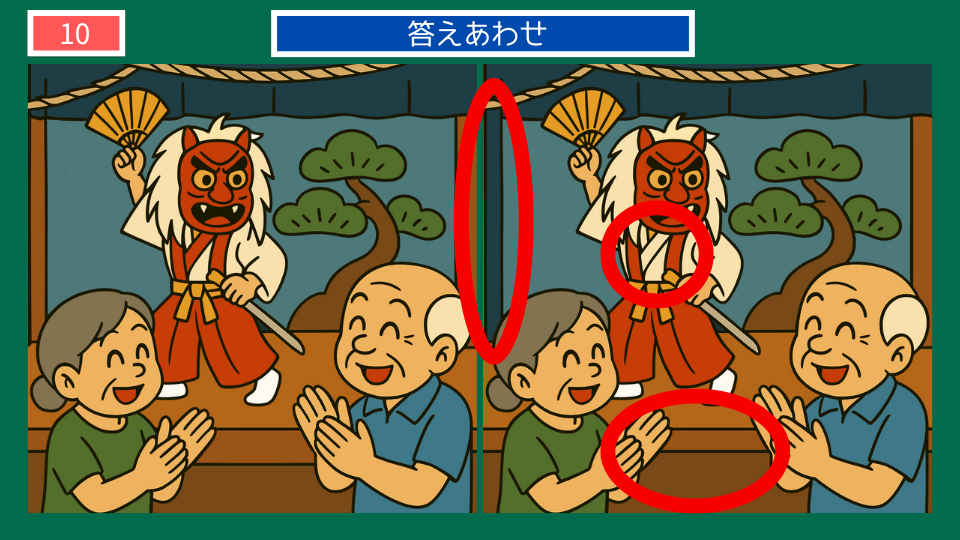 間違い探しクイズ｜宮崎の伝統芸能・神楽の答えイラスト