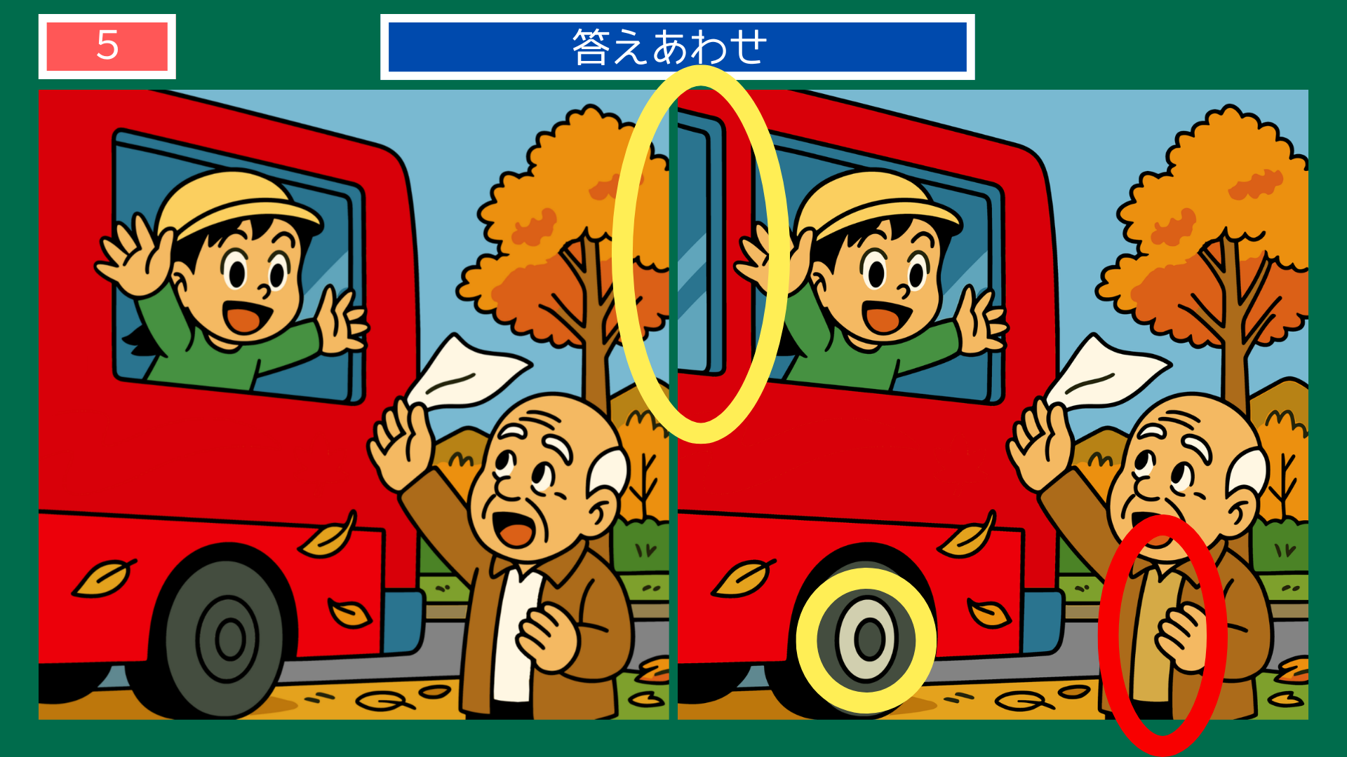 間違い探しクイズ答え|赤いバスに手を振る祖父と孫のお見送りシーンの答えイラスト