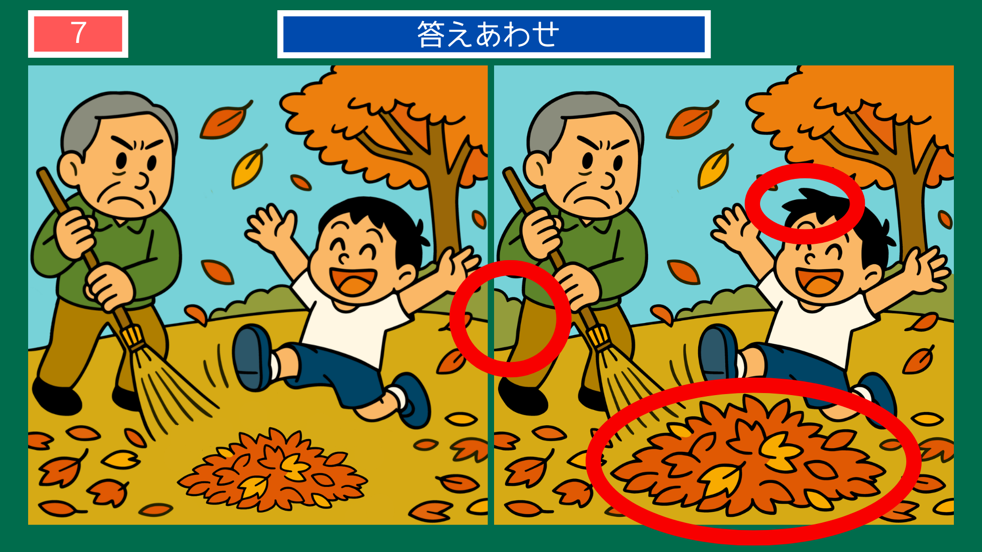 間違い探しクイズ答え|秋の庭で落ち葉を掃くおじいさんと子どもの答えイラスト