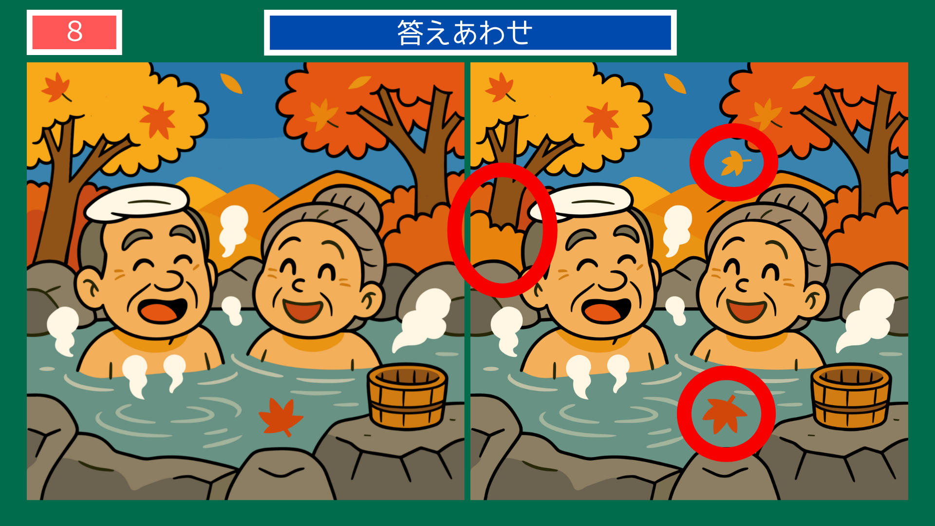 間違い探しクイズ答え|秋の温泉でくつろぐ老夫婦の答えイラスト