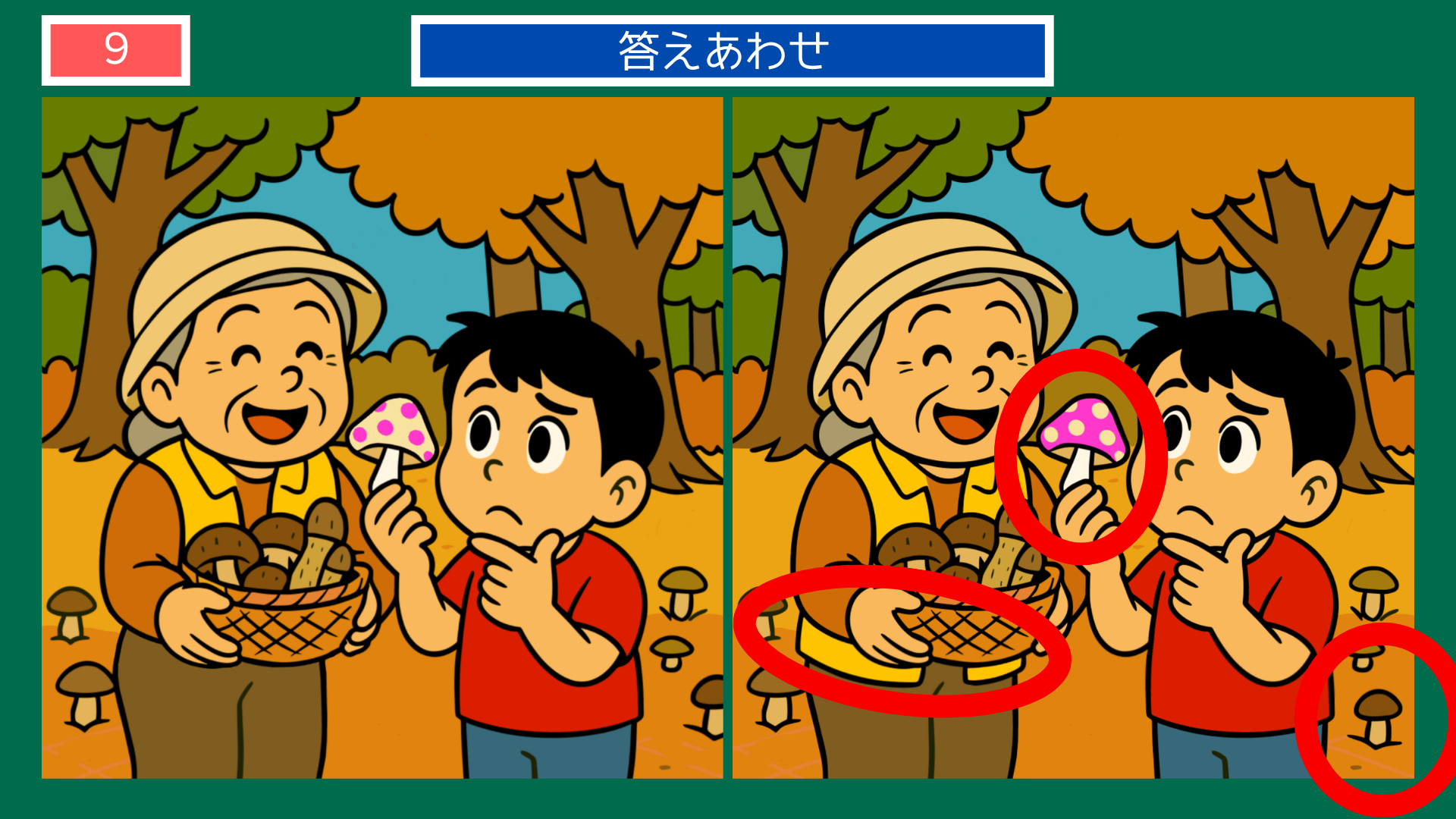 間違い探しクイズ答え|秋の味覚・きのこ狩りをする親子の答えイラスト