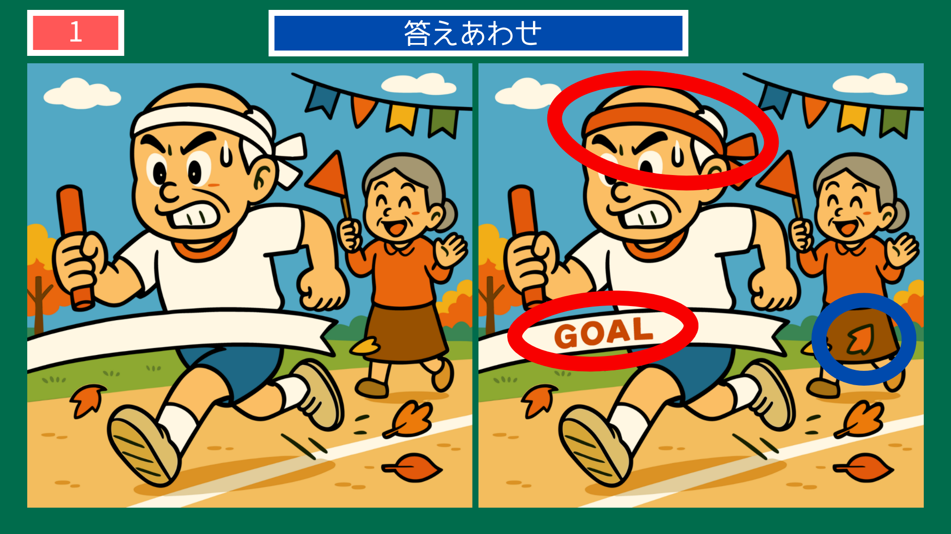 間違い探しクイズ答え|運動会のゴールシーンで走る男の子の答えイラスト