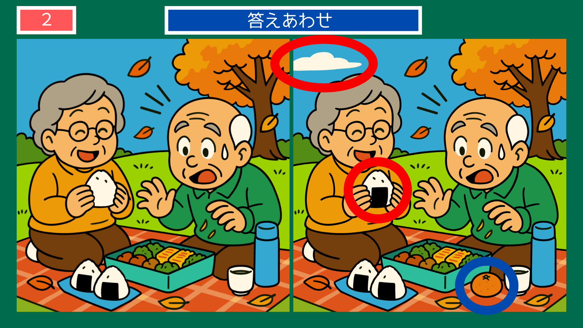 間違い探しクイズ答え|紅葉の下でお弁当を広げる夫婦の答えイラスト