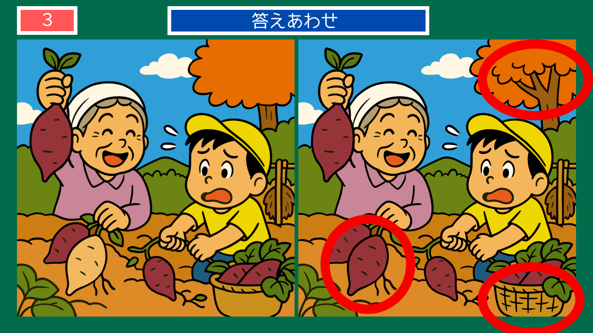 間違い探しクイズ答え|大きなさつまいもを収穫して喜ぶ親子の答えイラスト
