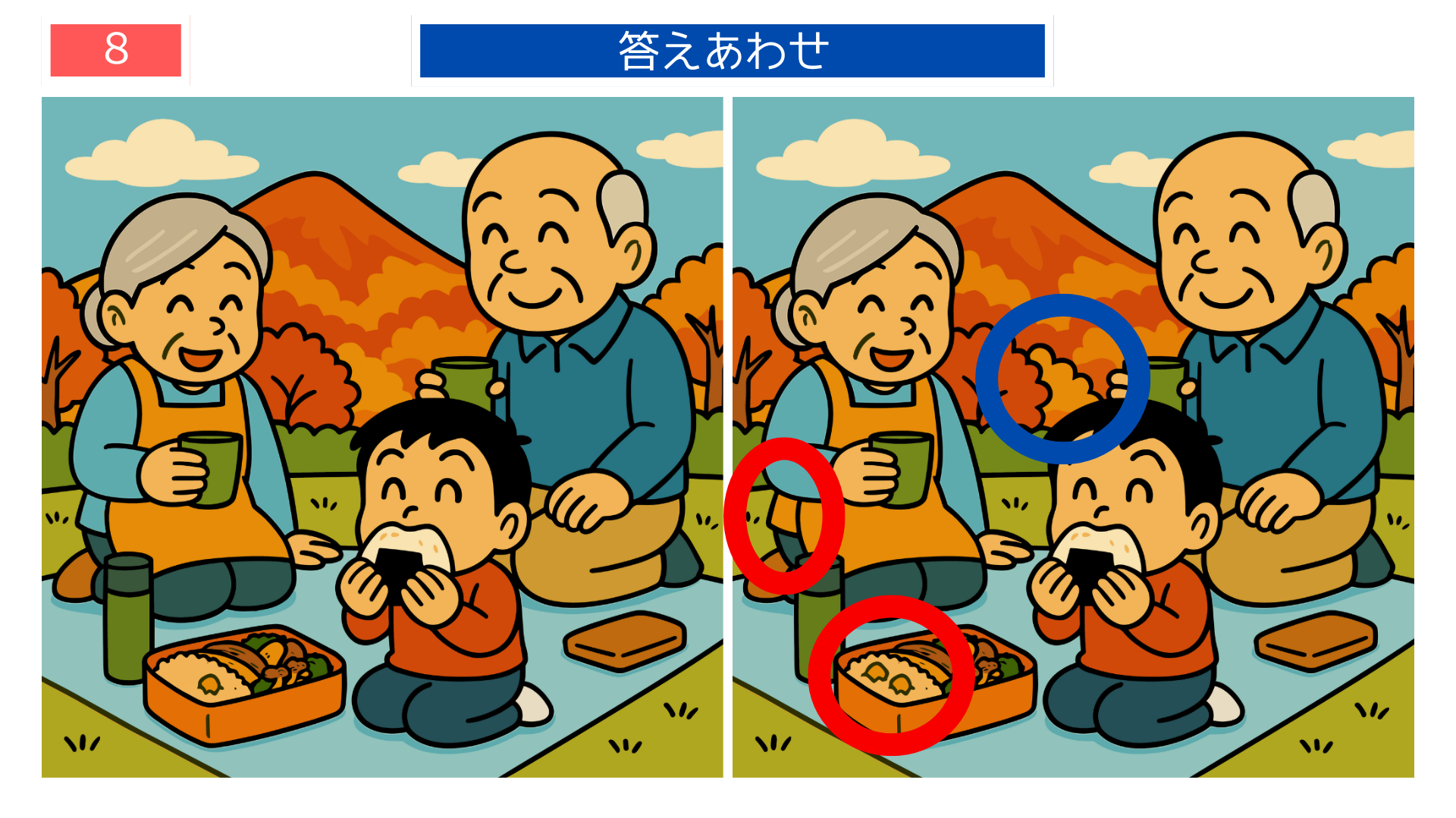 間違い探しクイズ｜紅葉の下でお弁当を食べる家族の答えイラスト