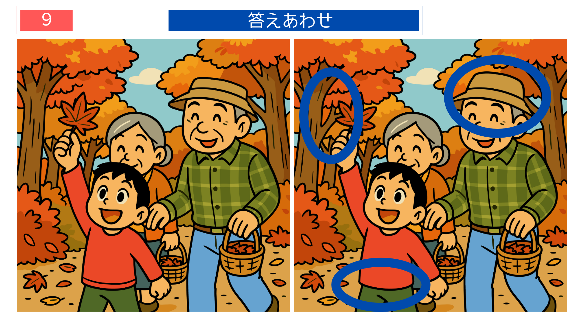 間違い探しクイズ｜紅葉した森を歩く家族の答えイラスト