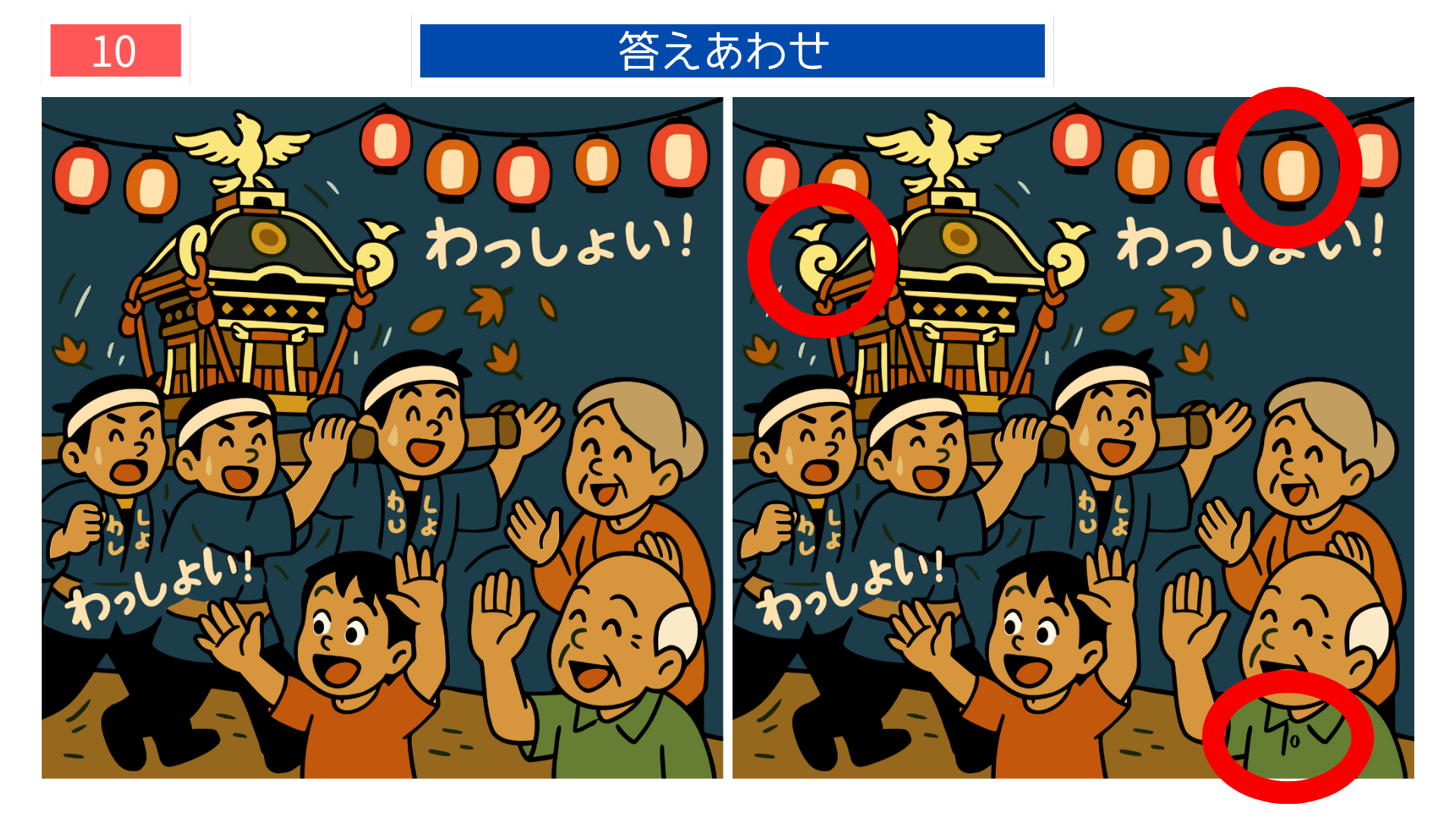 間違い探しクイズ｜秋祭りで神輿を担ぐ人々と見物する家族の答えイラスト