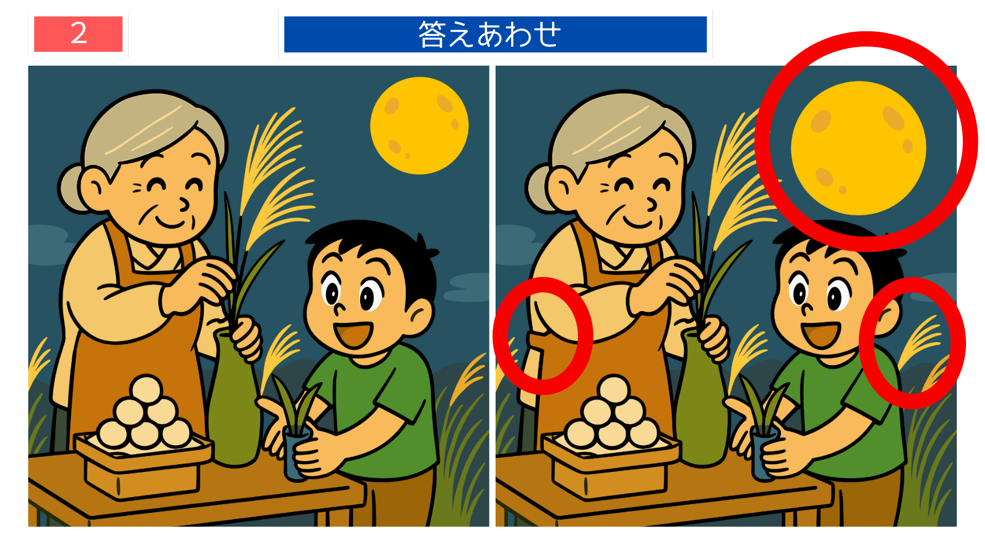 間違い探しクイズ｜お月見ですすきを生ける祖母と男の子の答えイラスト