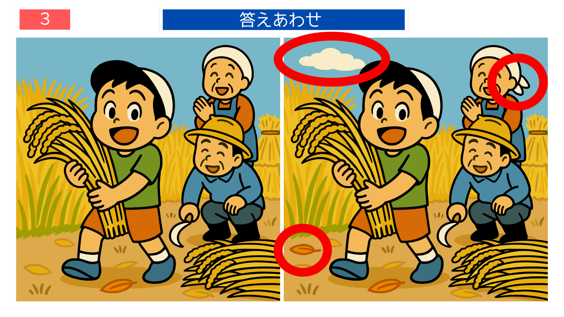 間違い探しクイズ｜稲刈りを手伝う子どもと見守る大人の答えイラスト
