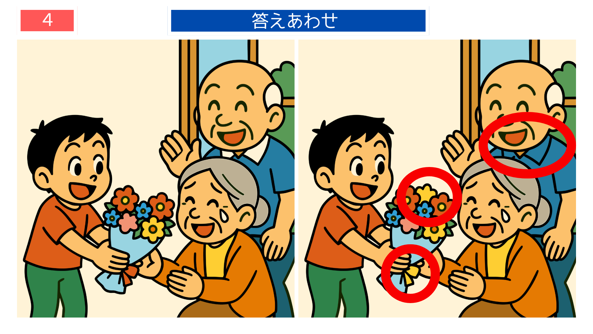 間違い探しクイズ｜おばあちゃんに花束を渡す子どもの答えイラスト