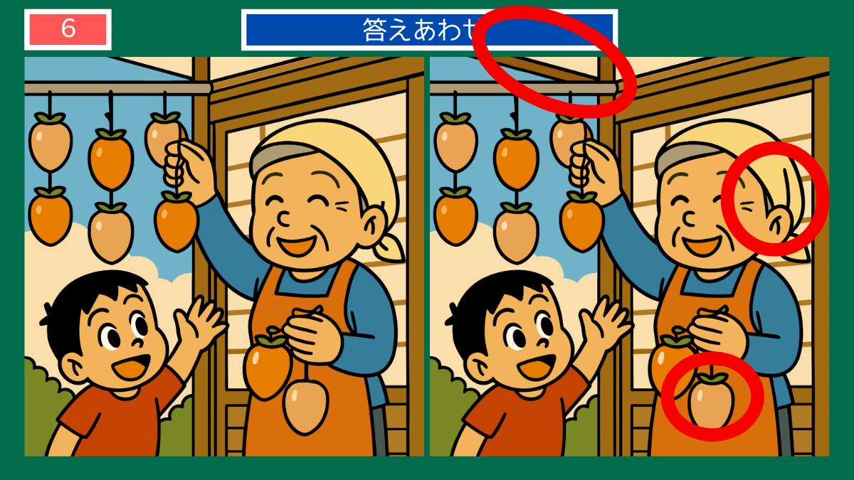 間違い探しクイズ|軒先の吊るし柿を見上げる祖母と男の子の答えイラスト