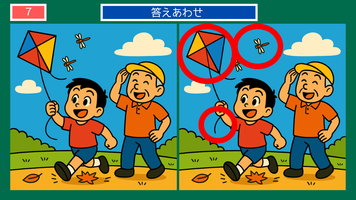 間違い探しクイズ|秋空の下で凧あげをする男の子と男性の答えイラスト