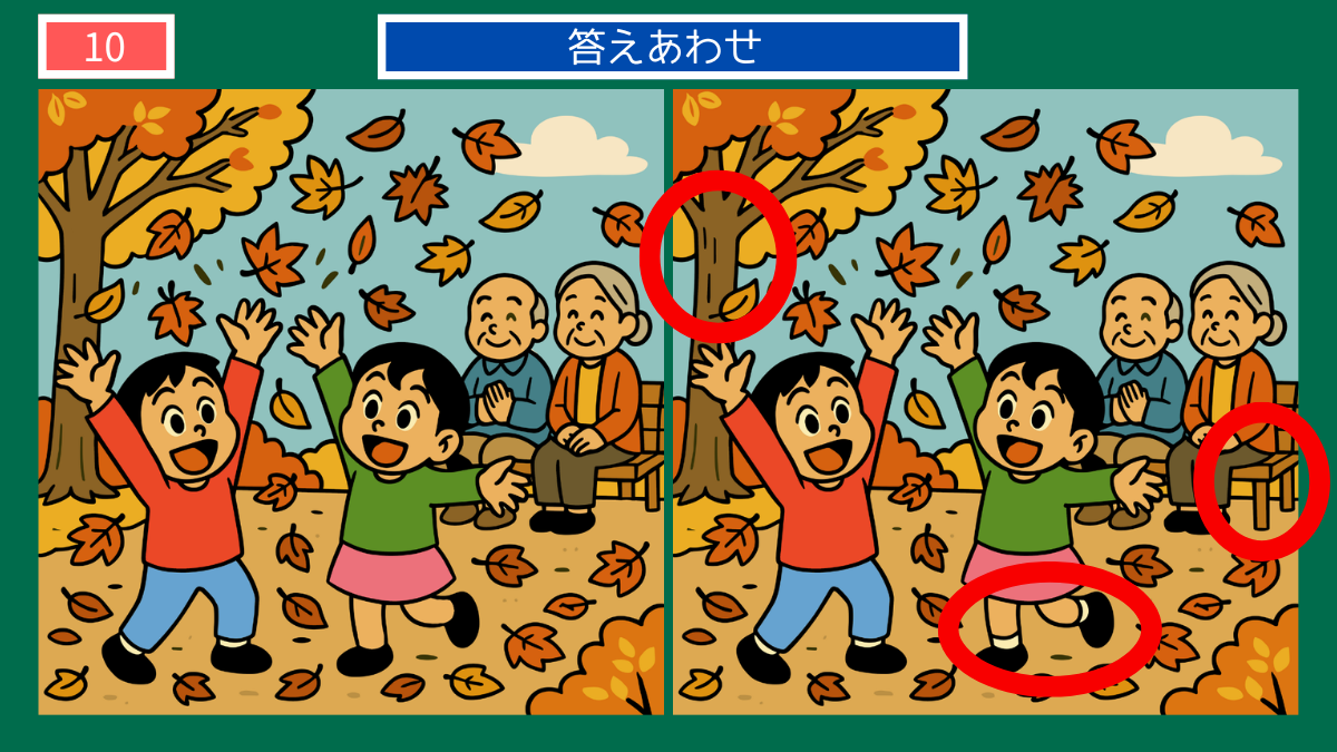 間違い探しクイズ|落ち葉を投げて遊ぶ子どもと見守る祖父母の答えイラスト