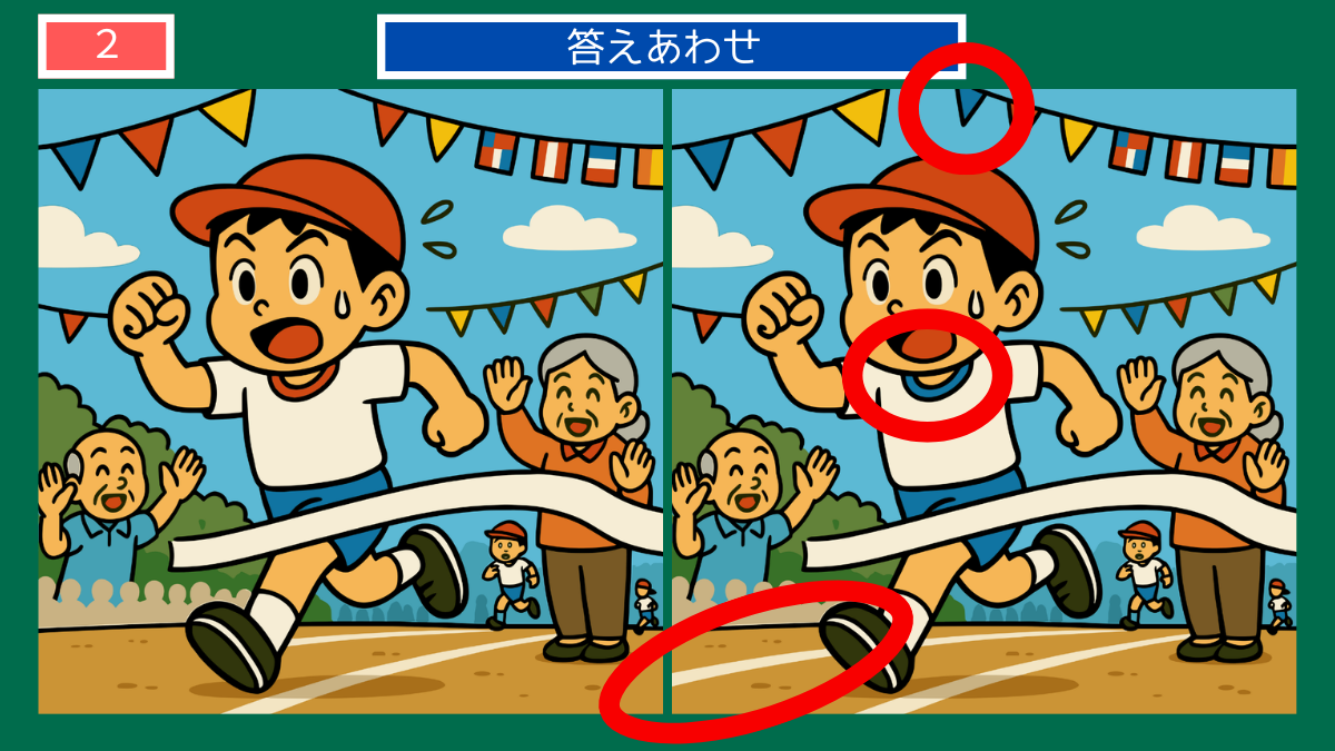 間違い探しクイズ|運動会でゴールテープを切る男の子の答えイラスト