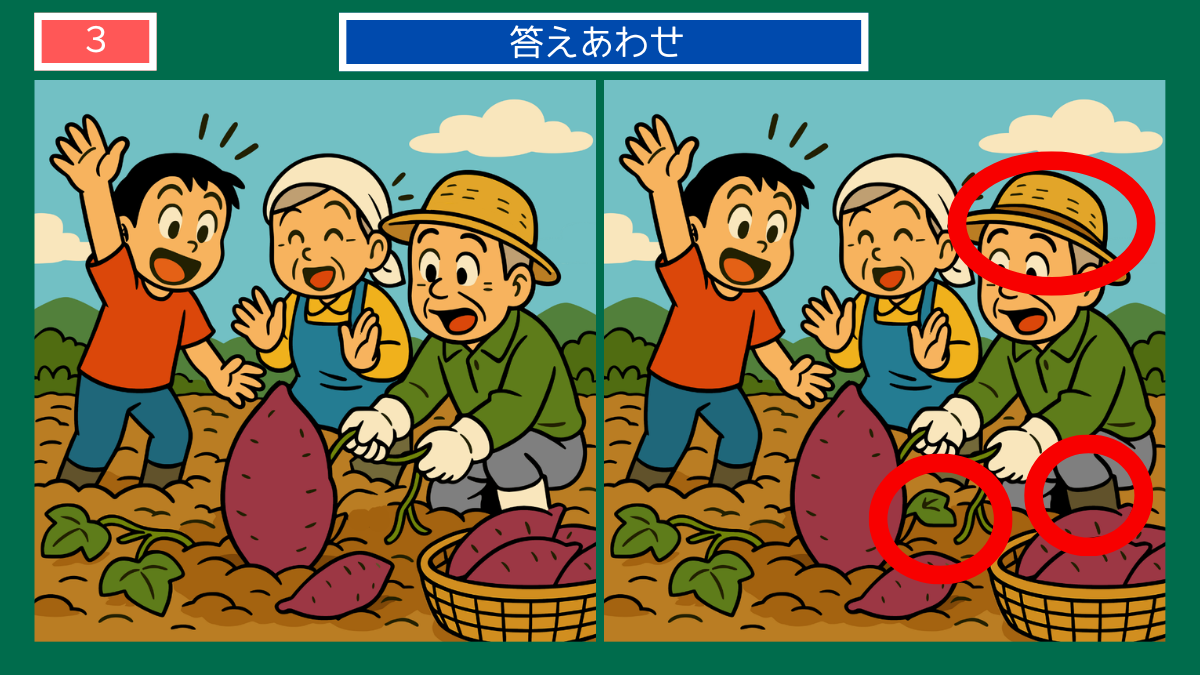 間違い探しクイズ|畑でさつまいもを掘って喜ぶ家族の答えイラスト