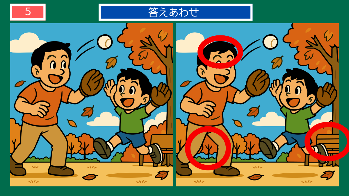 間違い探しクイズ|秋空の下で父と息子がキャッチボールをする答えイラスト