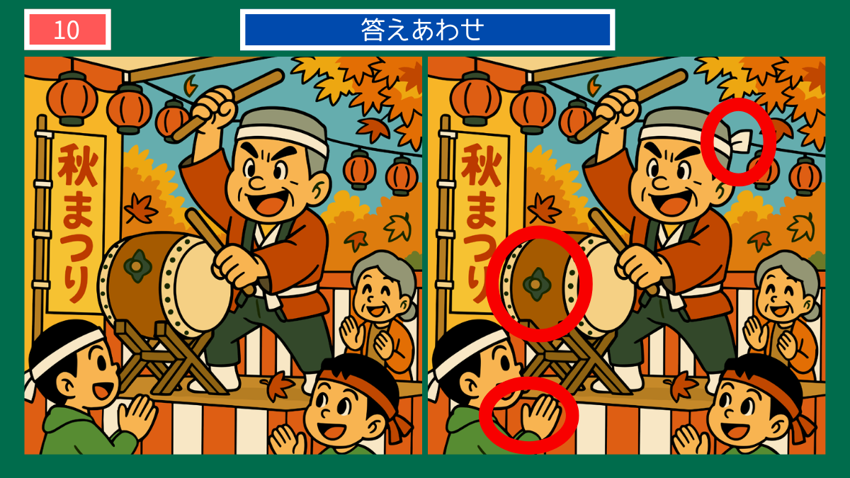 間違い探しクイズ|秋祭りで太鼓をたたく男性と観客の答えイラスト