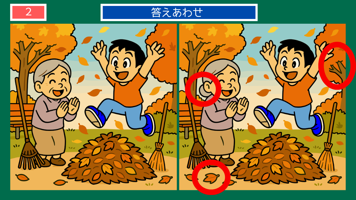 間違い探しクイズ|秋の公園で落ち葉に飛び込む子どもとおばあちゃんの答えイラスト