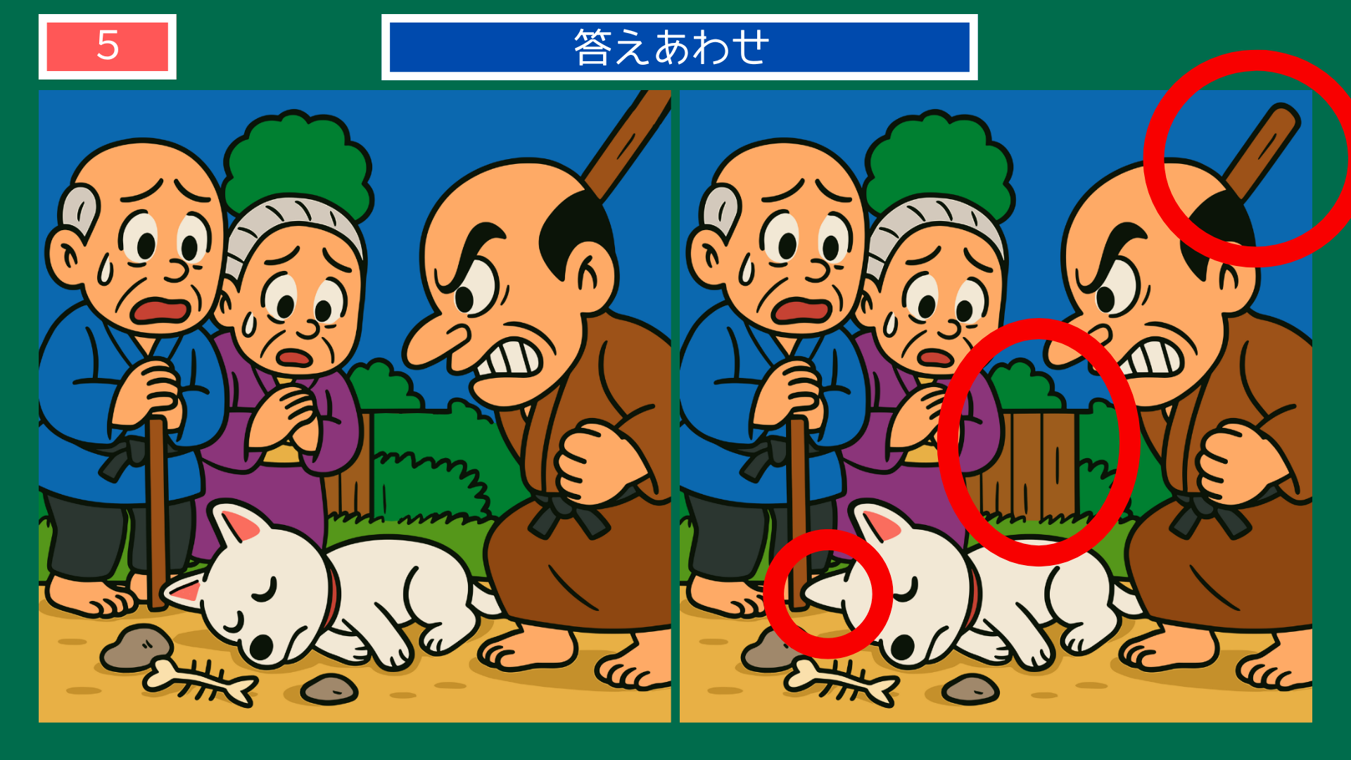 間違い探しクイズ｜眠っている犬と悲しむ老夫婦の答えイラスト