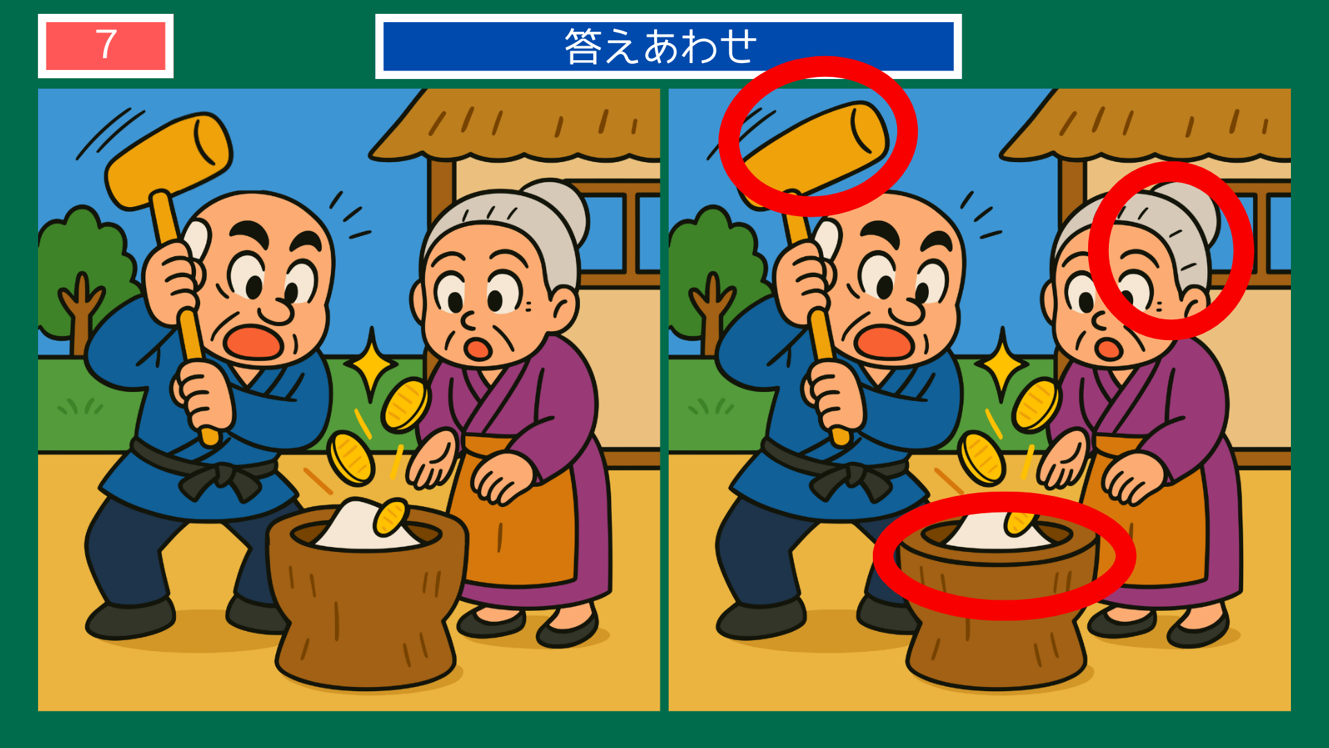 間違い探しクイズ｜臼から小判を生み出す不思議な場面の答えイラスト