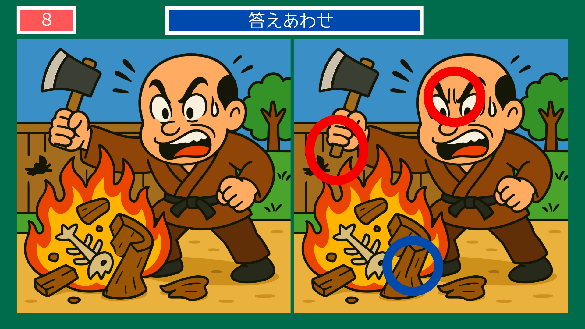 間違い探しクイズ｜隣人が臼を燃やして怒る場面の答えイラスト