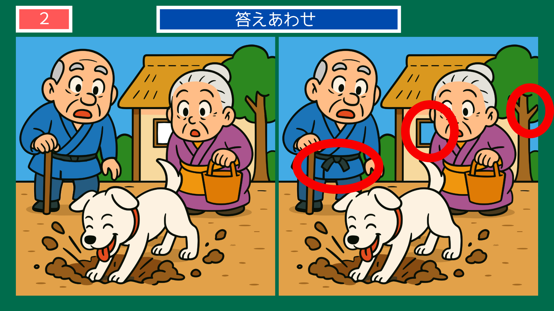 間違い探しクイズ｜庭で夢中に穴を掘る犬と驚く老夫婦の答えイラスト