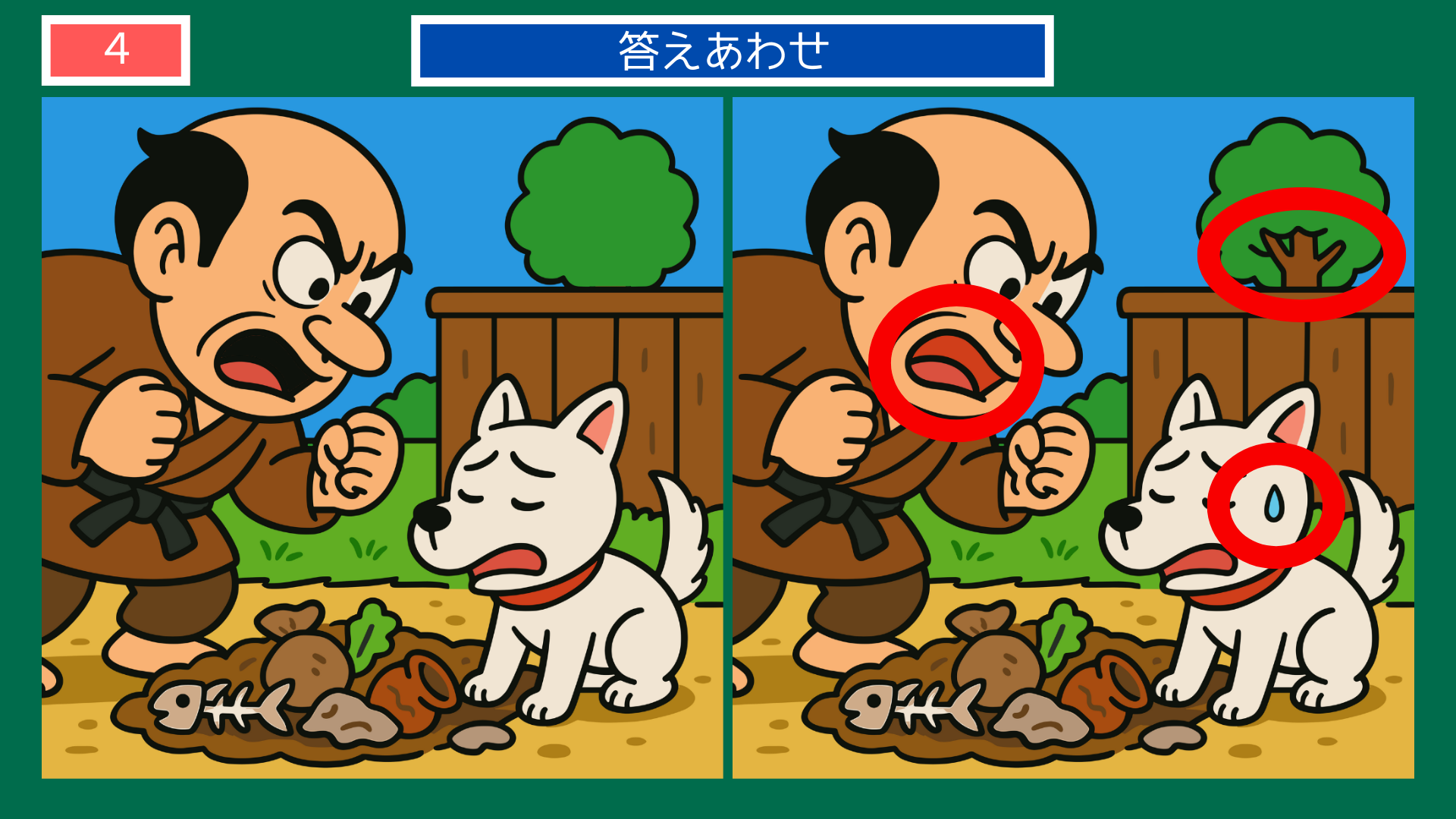 間違い探しクイズ｜犬を叱る隣人と困った表情の犬の答えイラスト