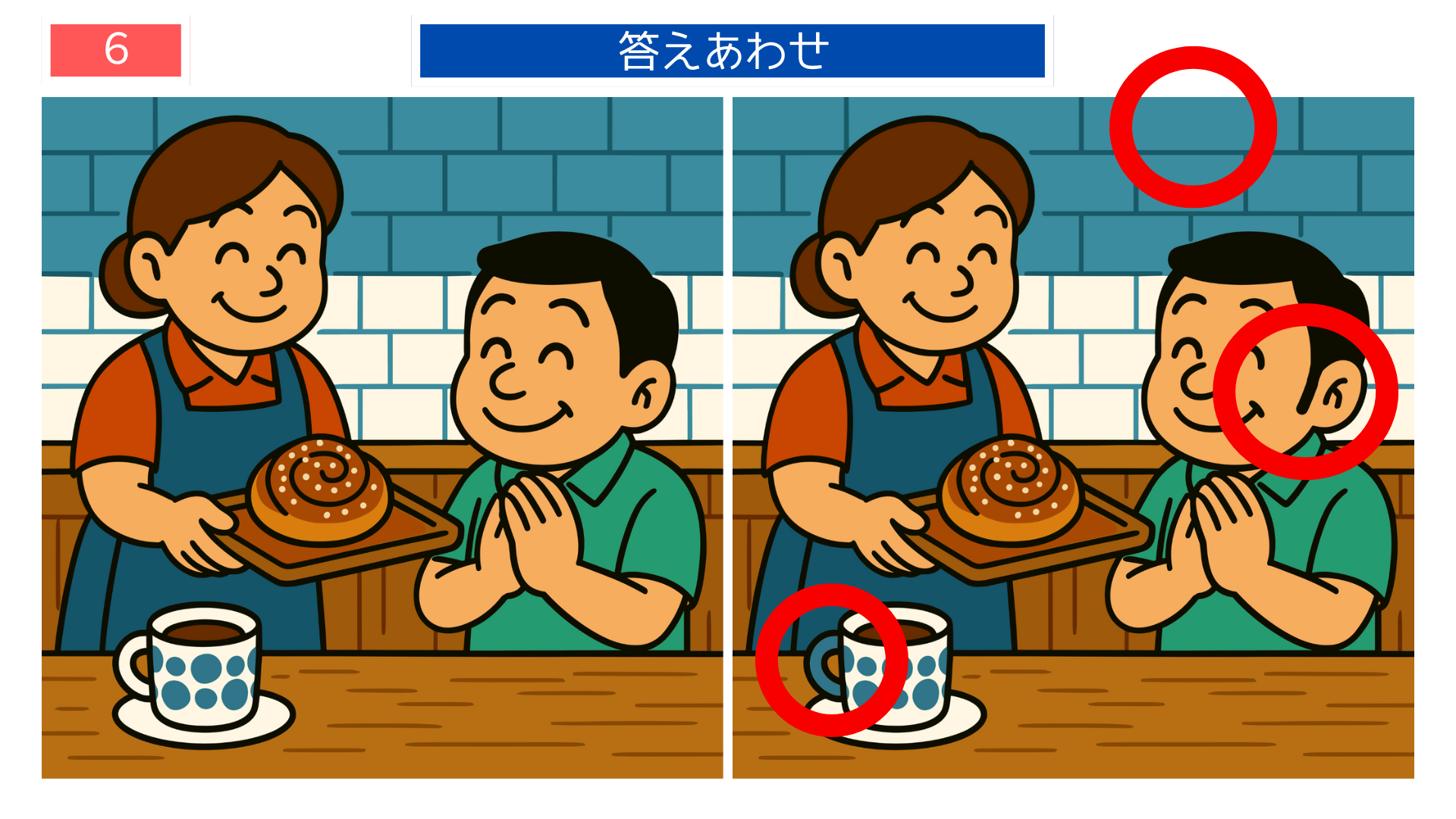 間違い探しクイズ|焼きたてのシナモンロールを受け取る男性のイラストの答え