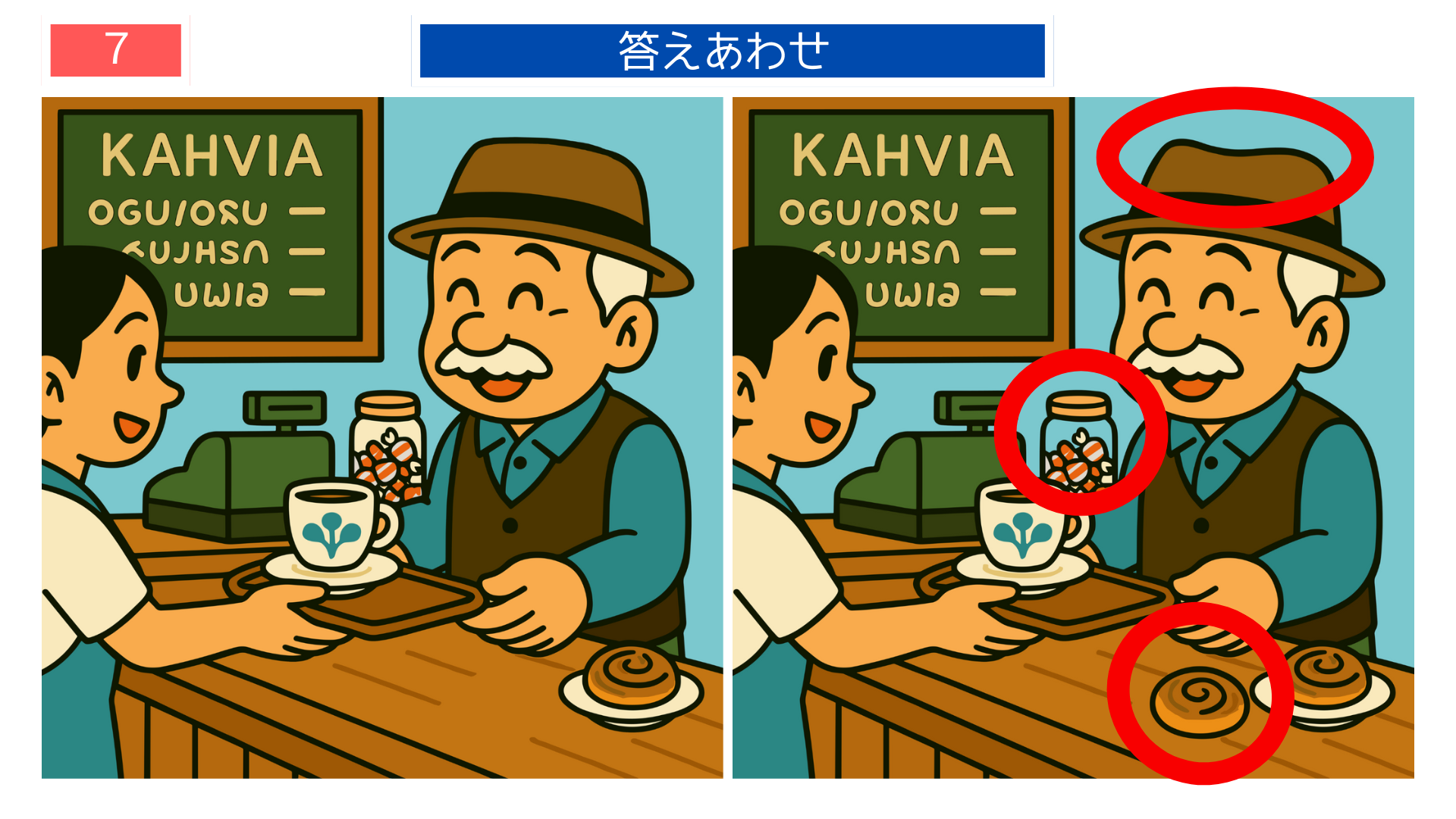 間違い探しクイズ|カウンターで店員と笑顔で話す老紳士のイラストの答え