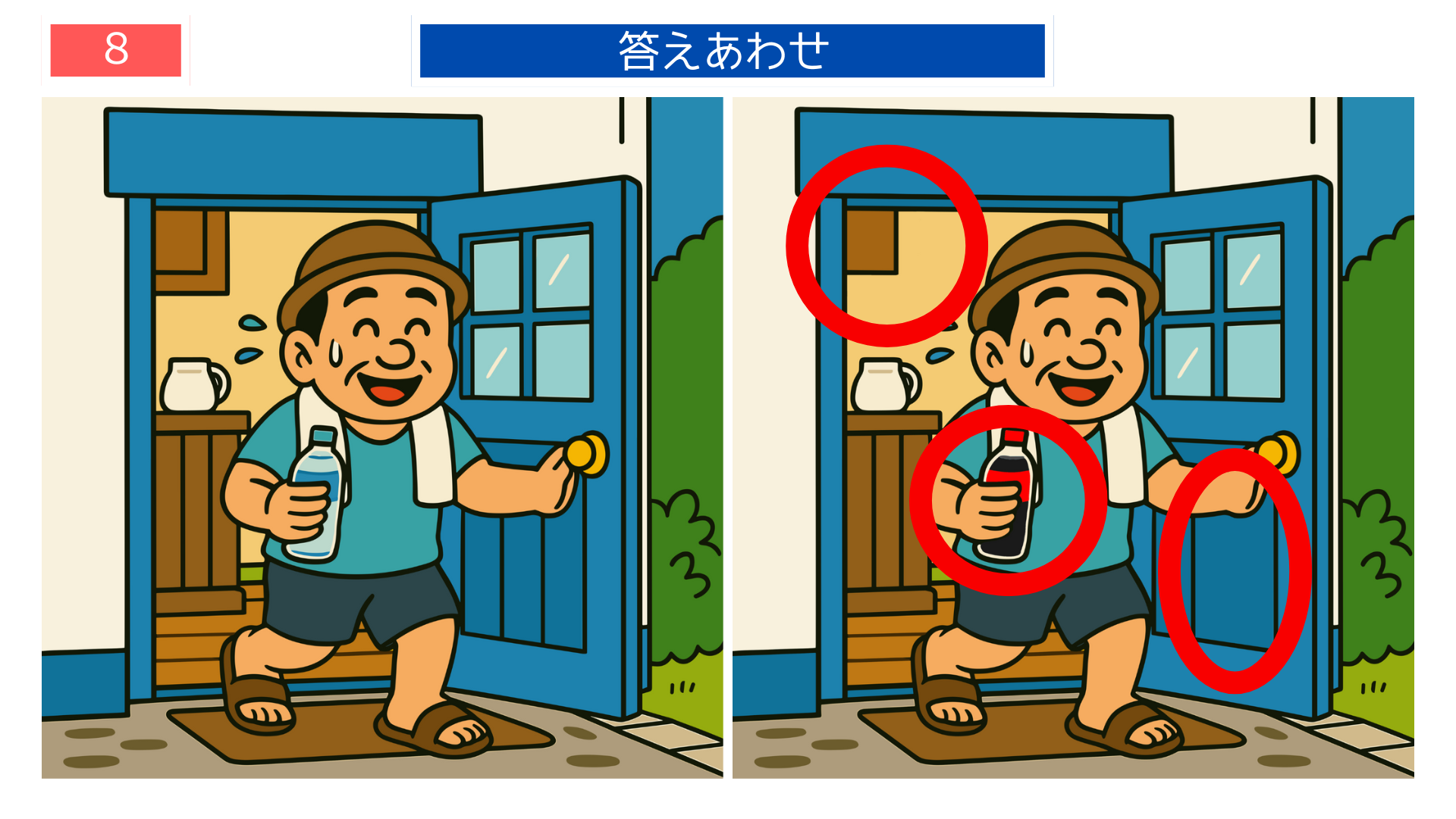 間違い探しクイズ|帽子をかぶった男性が家の前で飲み物を手にするイラストの答え