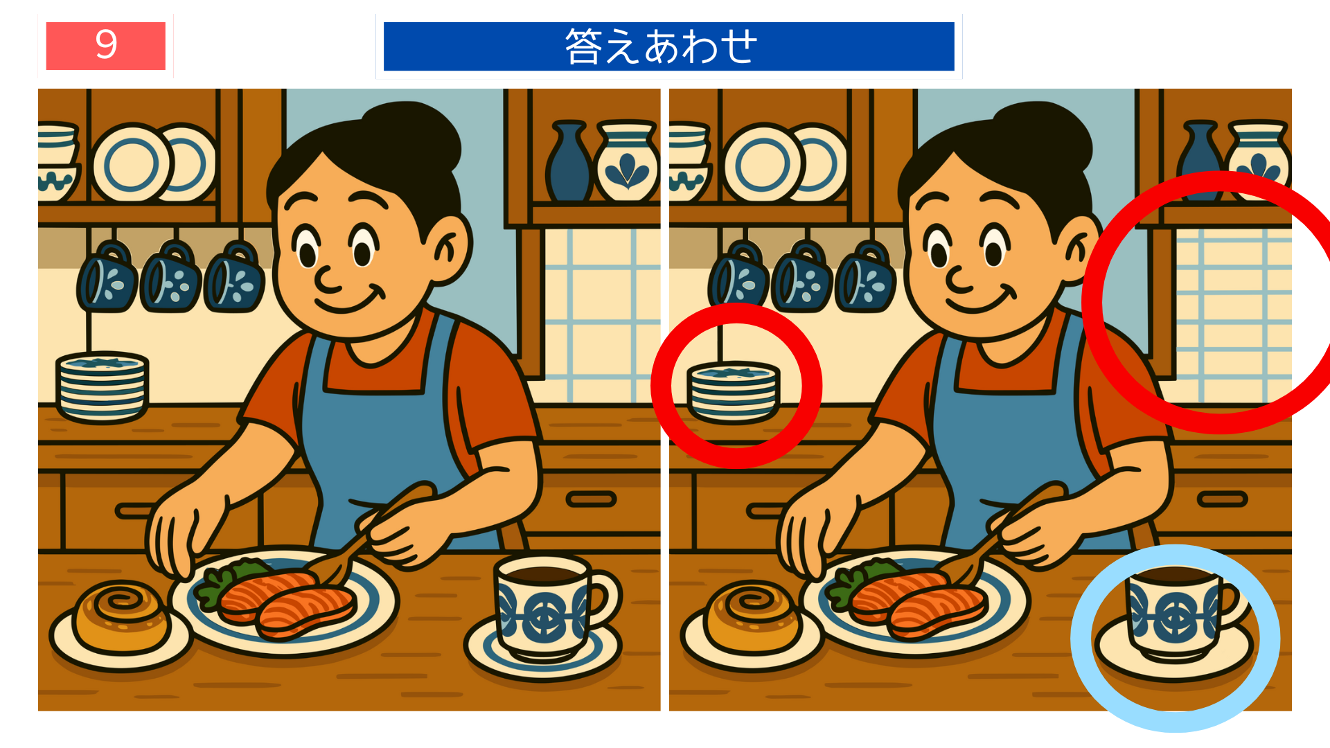 間違い探しクイズ|キッチンで朝食を準備する女性のイラストの答え