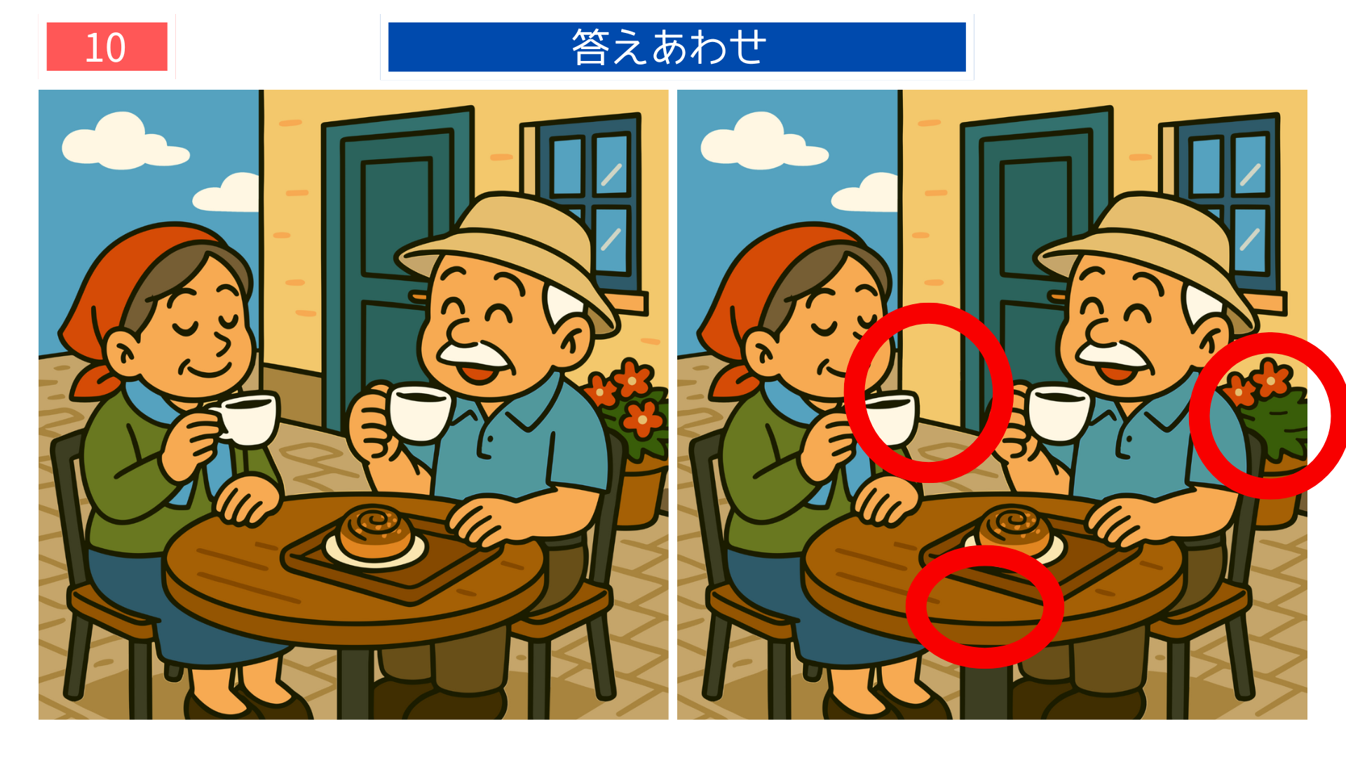 間違い探しクイズ|テラスでコーヒーとシナモンロールを楽しむ老夫婦のイラストの答え