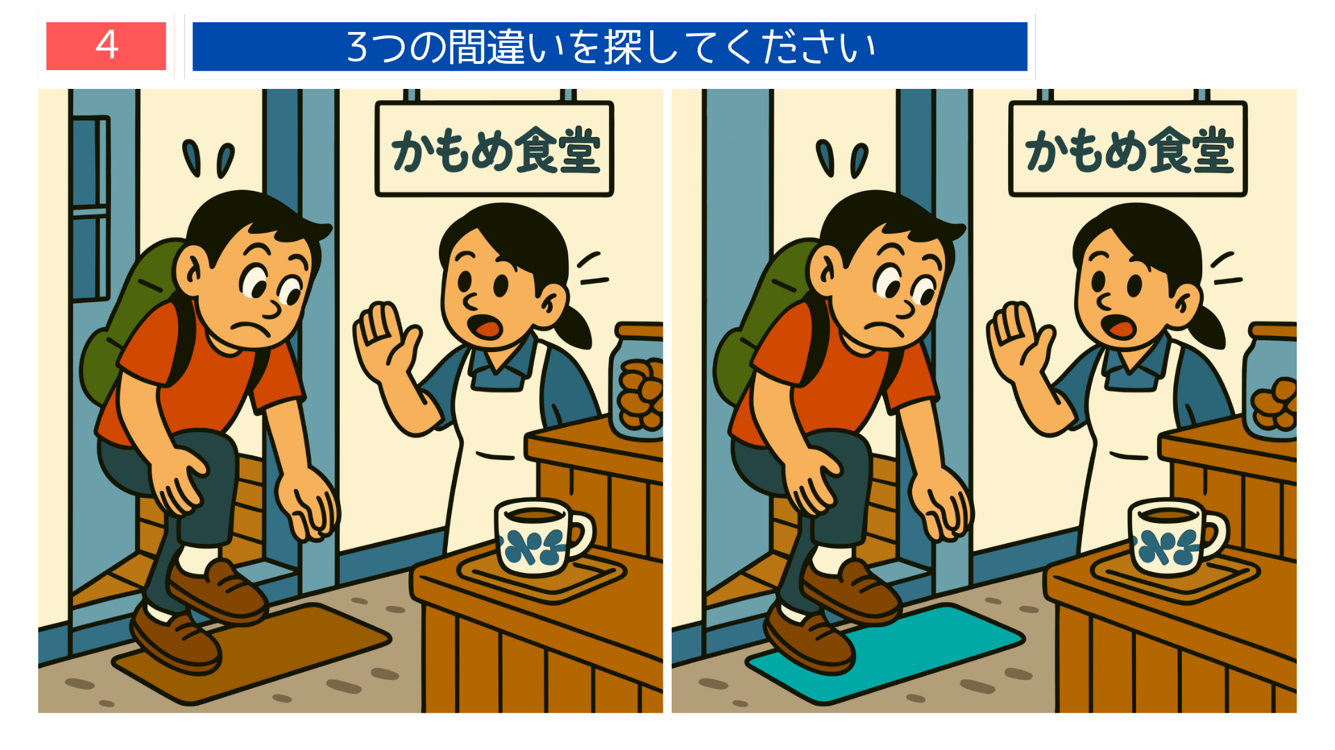 間違い探しクイズ|食堂に入る旅行者と店員のイラスト