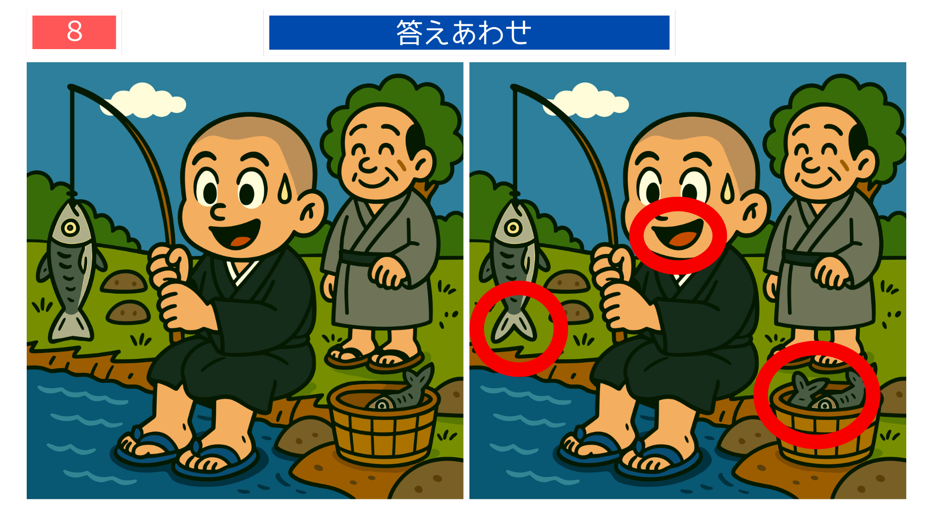 間違い探しクイズ|川で魚を釣り上げた一休さんの答えイラスト