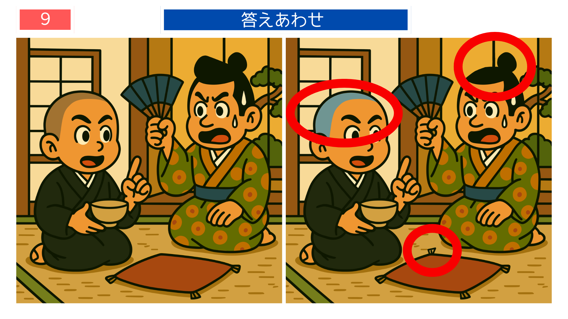 間違い探しクイズ|お殿様と一休さんが茶を飲む答えイラスト