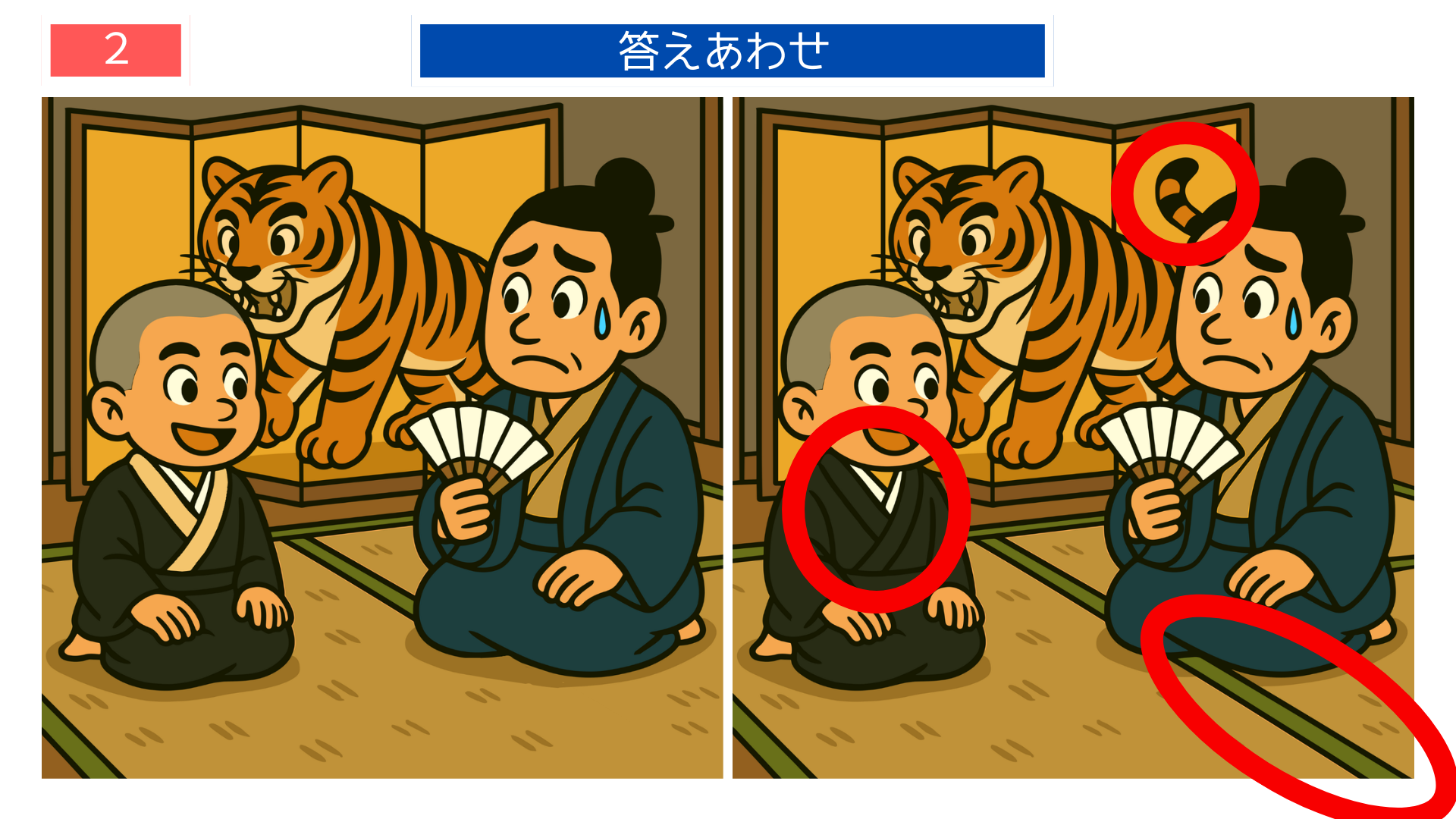 間違い探しクイズ|虎の屏風から虎を出せと問われる一休さんの答えイラスト