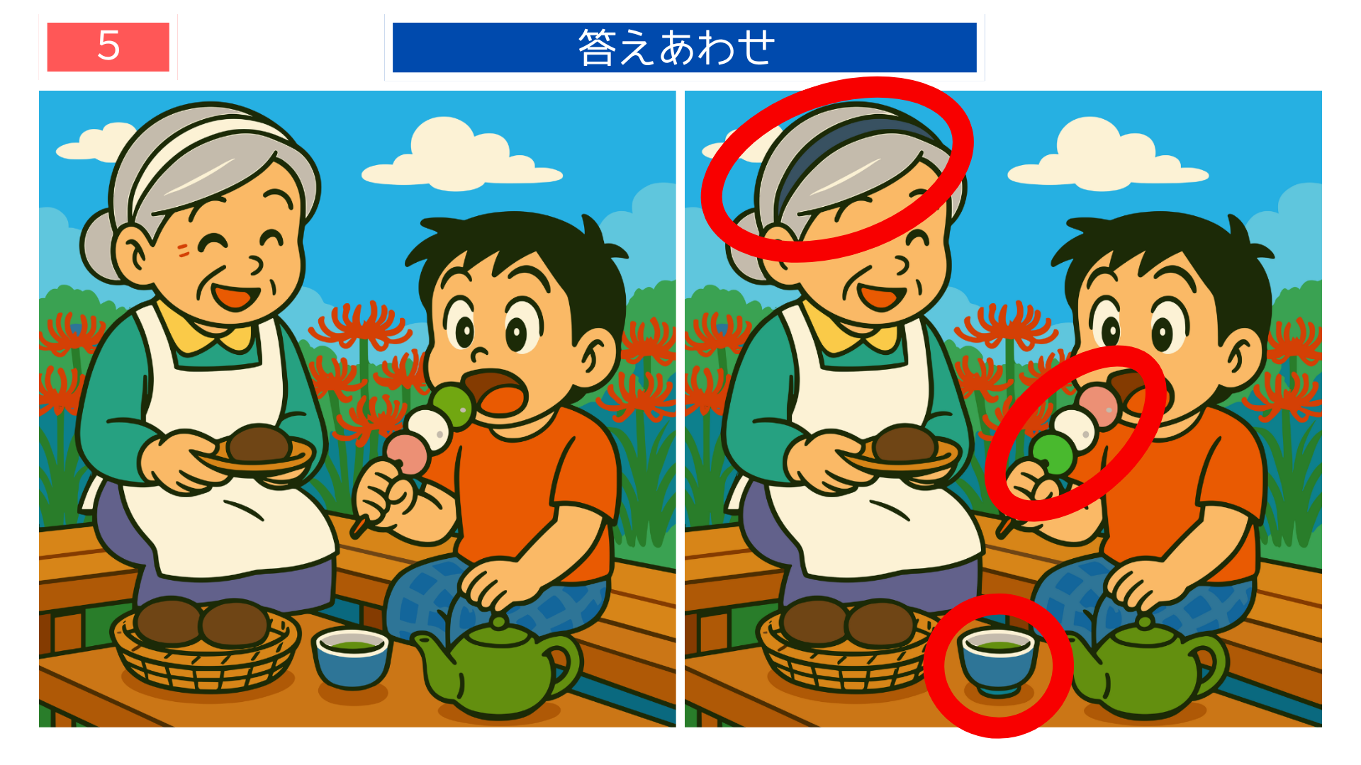間違い探しクイズ|おばあちゃんと孫が団子とおはぎを楽しむ答えイラスト