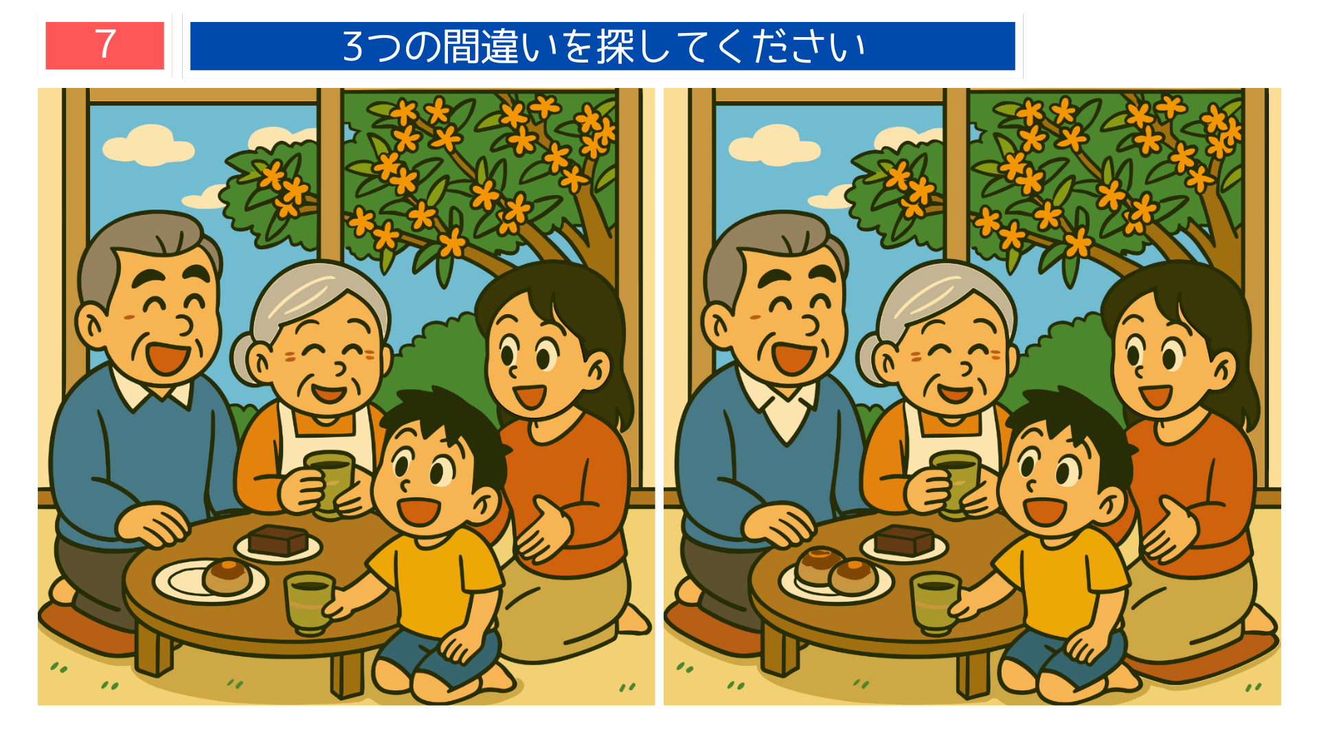 間違い探しクイズ|家族みんなでお茶とお菓子を楽しむイラスト